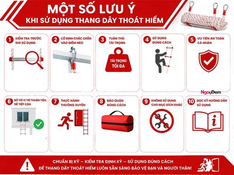 Nắm bắt được các lưu ý khi sử dụng, đảm bảo an toàn cách dùng thang dây thoát hiểm