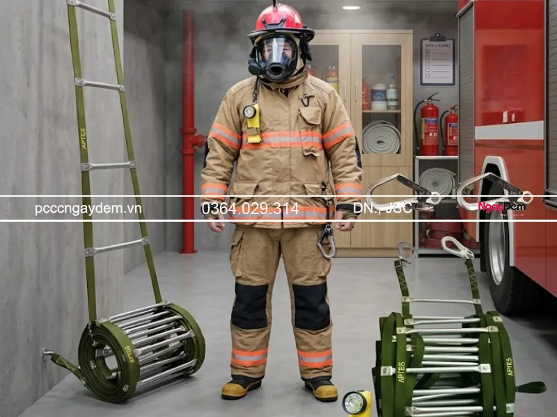 Mặt nạ phòng độc và thang dây thoát hiểm khi có cháy