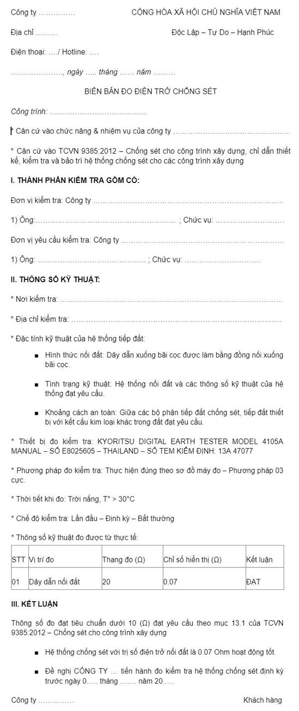 Mẫu biên bản đo điện trở chống sét