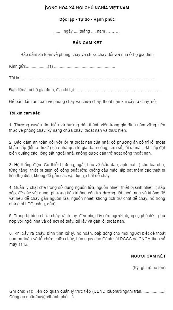 Bản cam kết PCCC dành cho gia đình