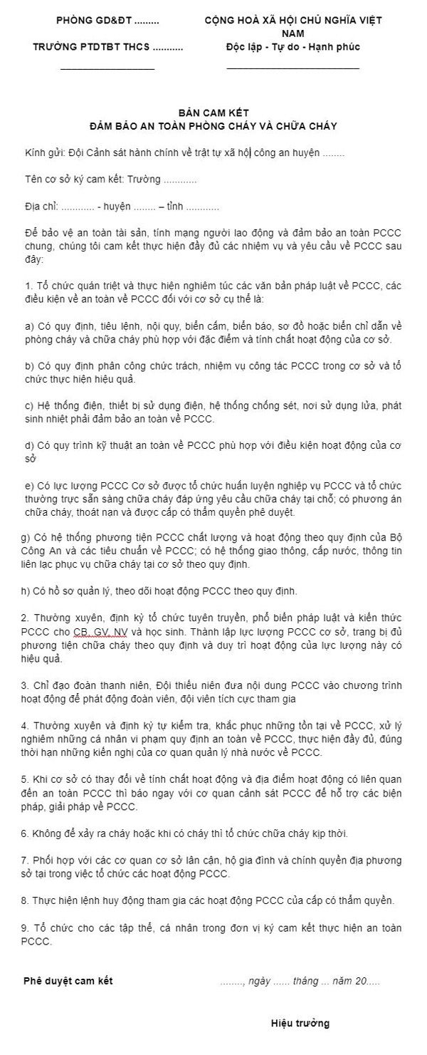 bản cam kết phòng cháy chữa cháy