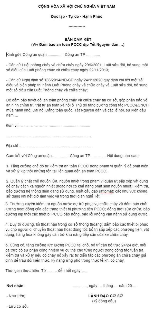 Bản cam kết đảm bảo an toàn PCCC dịp Tết