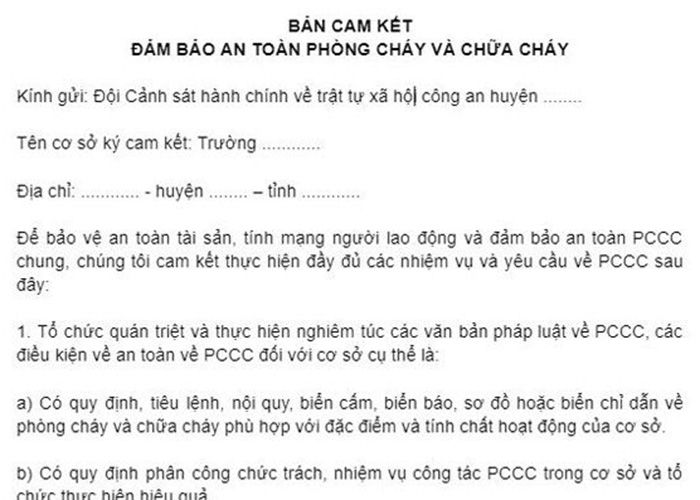 Mẫu bản cam kết phòng cháy chữa cháy mới nhất 2023