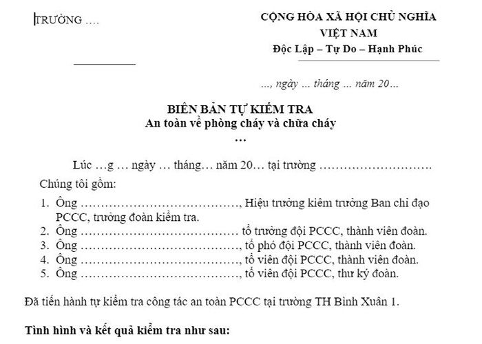 Mẫu biên bản tự kiểm tra PCCC tại trường học chuẩn 2023