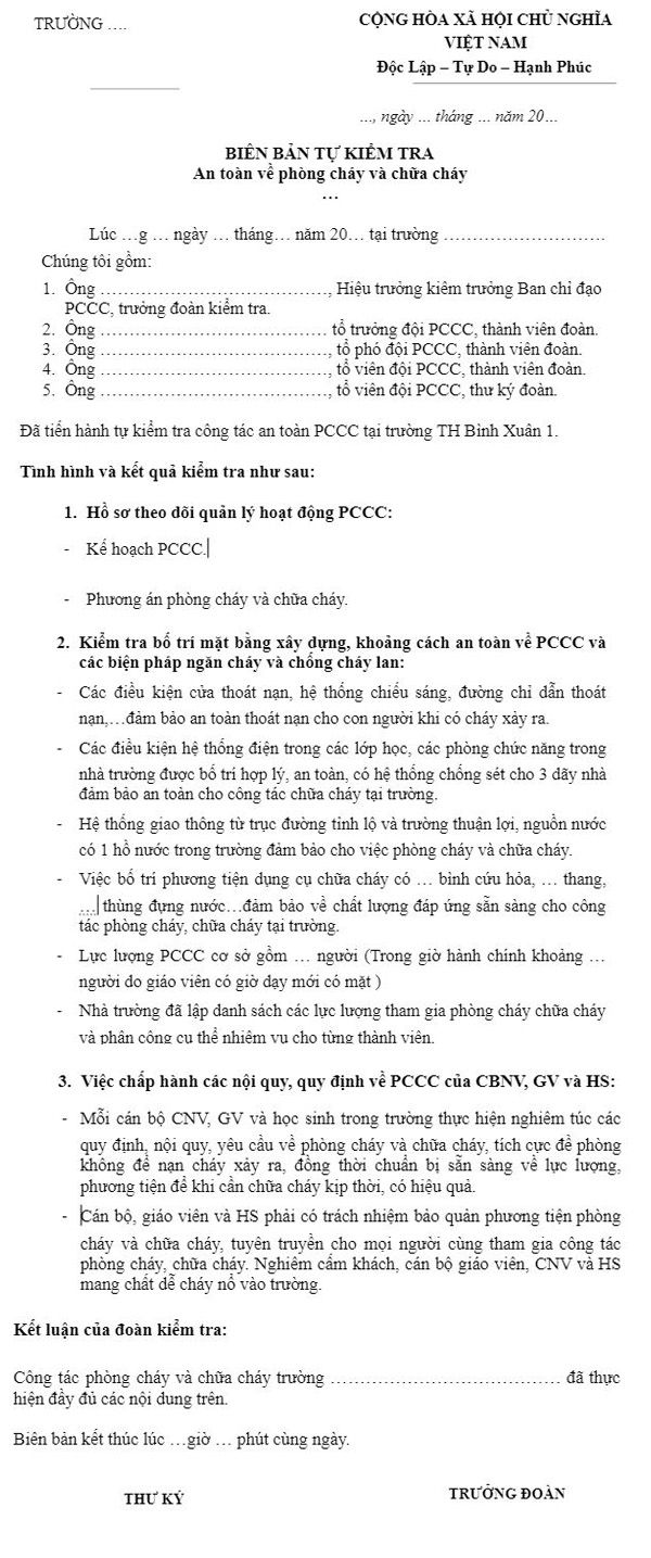 Mẫu biên bản tự kiểm tra PCCC trường học