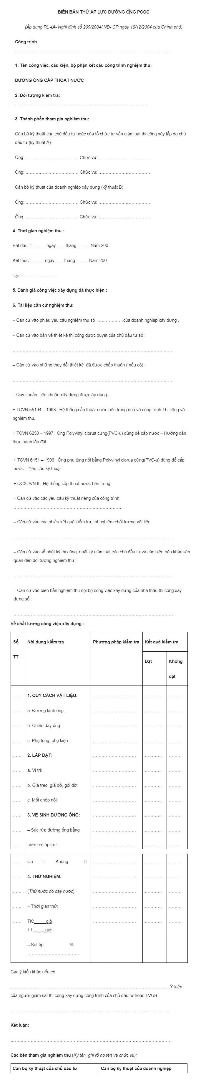 Mẫu biên bản thử áp lực đường ống PCCC