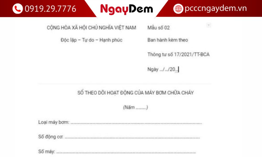 Sổ theo dõi vận hành máy bơm chữa cháy theo 17/2021/TT-BCA sổ theo dõi vận hành máy bơm cứu hoả