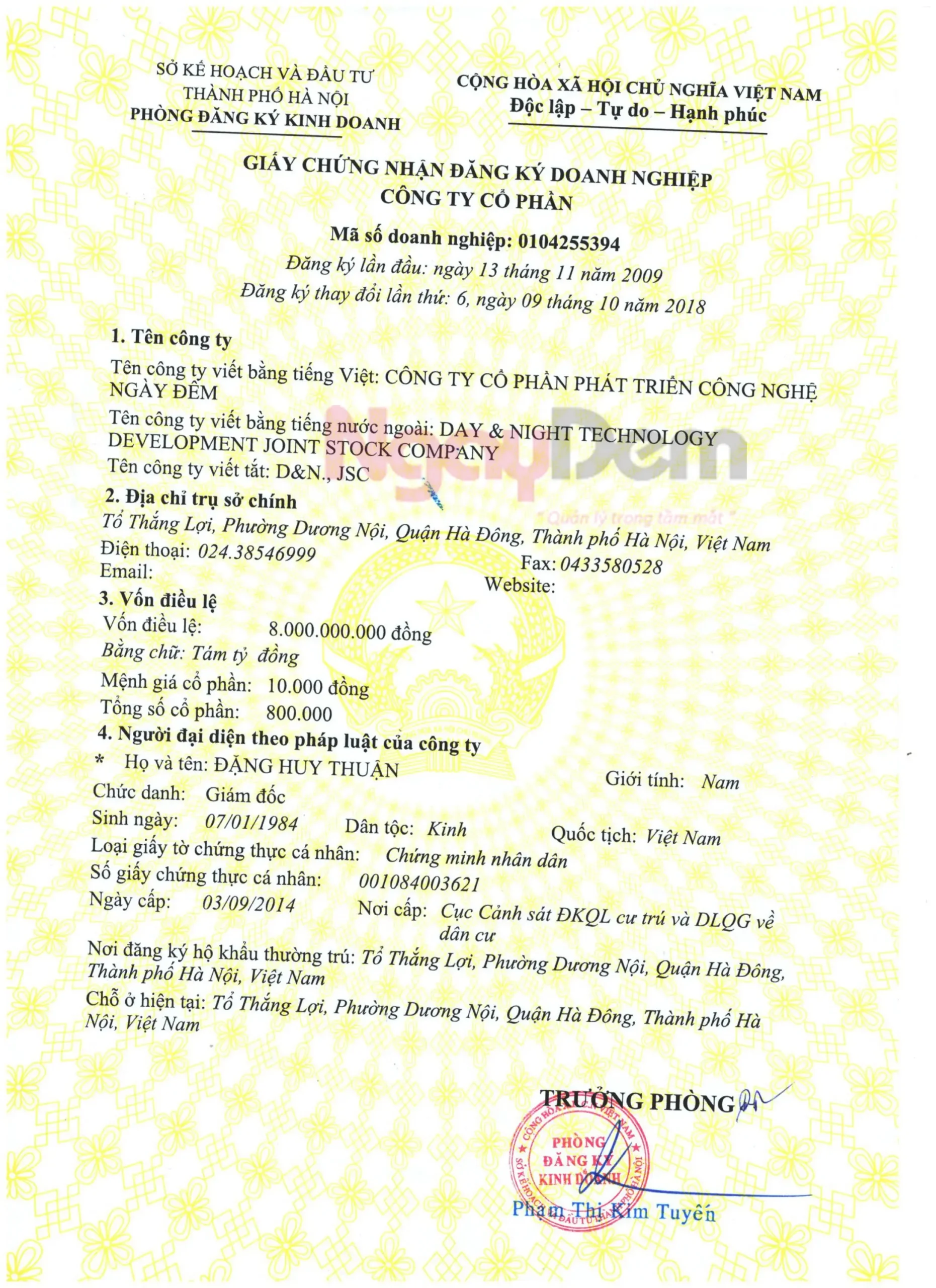 Chứng nhận đăng kí kinh doanh PCCC Ngày Đêm