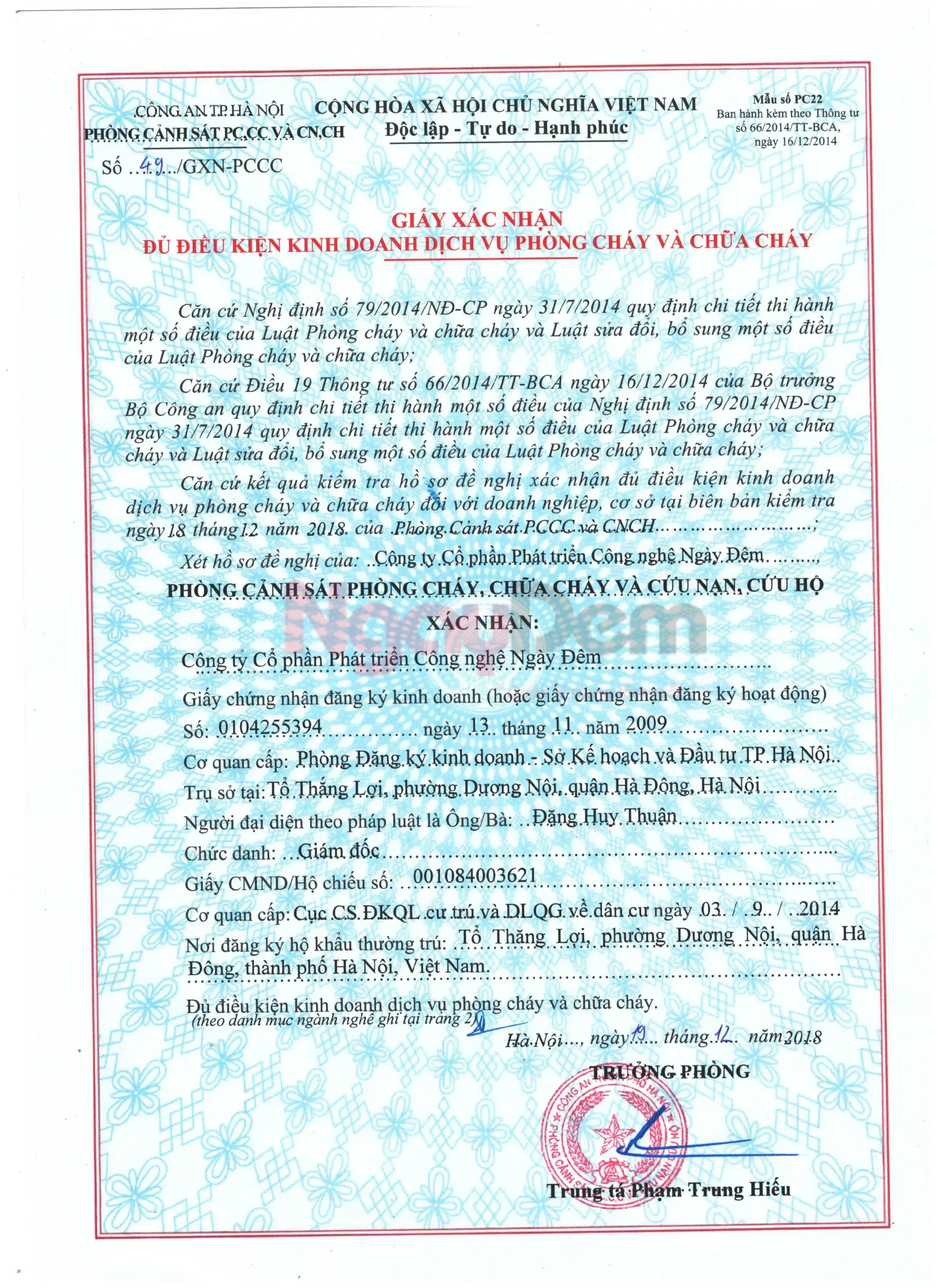 Chứng nhận phòng cháy chữa cháy PCCC Ngày Đêm