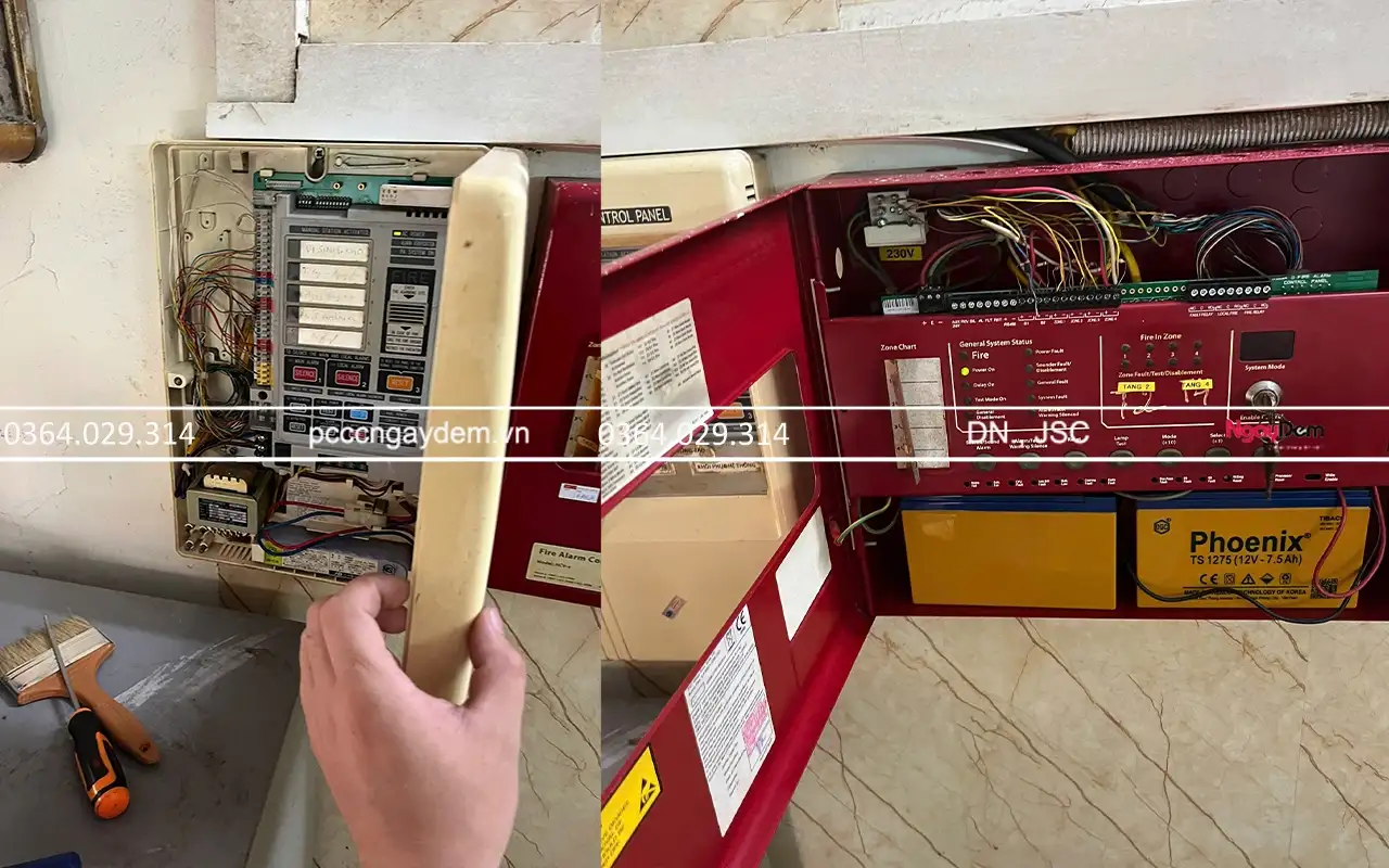 Test tủ báo cháy trung tâm, thay thế ắc quy 12V-7.5Ah cho tủ PCCC - bảo dưỡng pccc công ty tnhh vestergaard việt nam Test tủ báo cháy trung tâm, thay thế ắc quy 12V-7.5Ah cho tủ PCCC