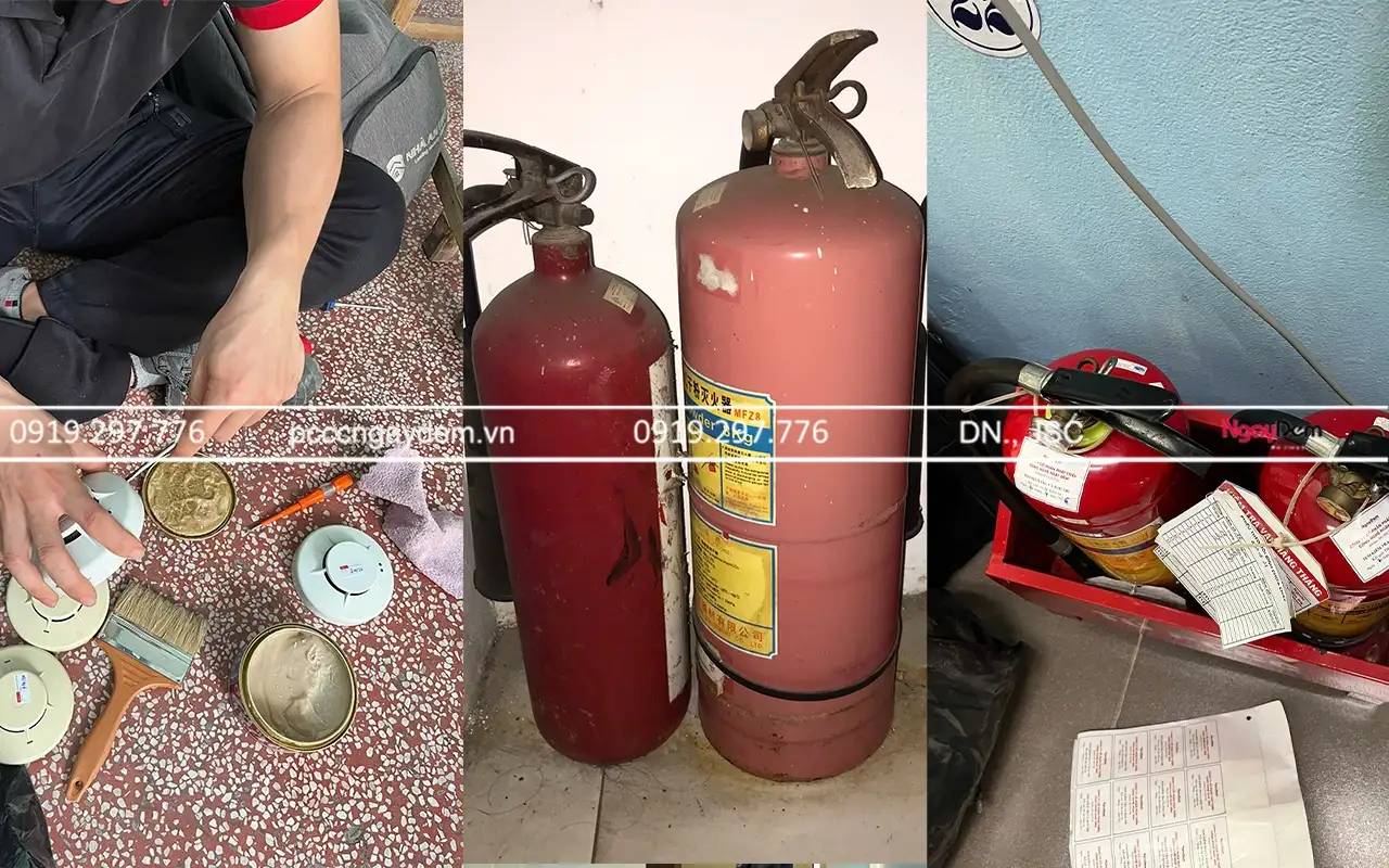 Vệ sinh đầu báo, kiểm tra bình chữa cháy - bảo dưỡng PCCC Nhà hàng Quang Dũng Hải sản và Dê núi Vệ sinh đầu báo, kiểm tra bình chữa cháy