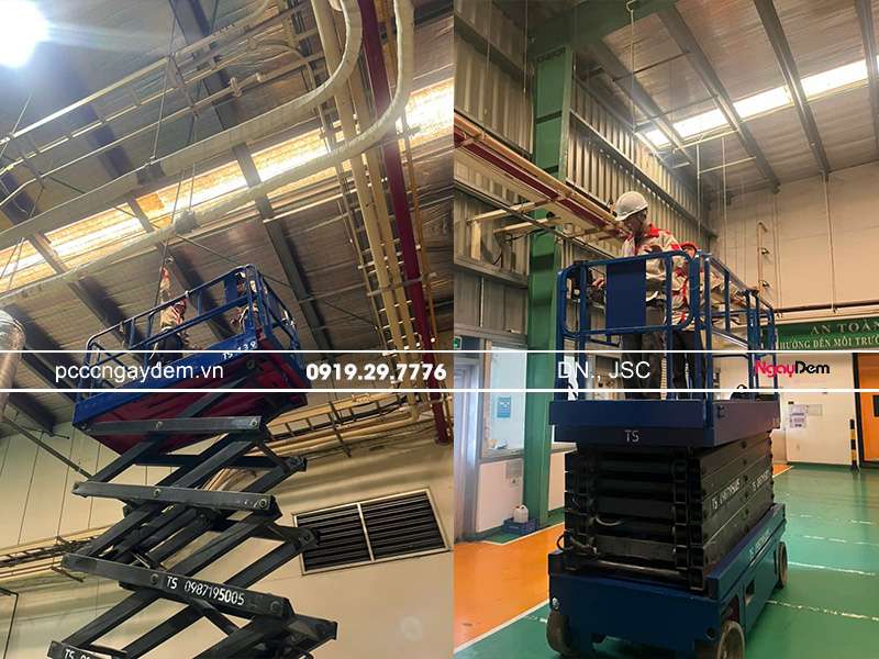 Thiết bị lắp đặt cao - khó khăn khi tháo và lắp bảo dưỡng PCCC nhà máy Nissin Lương Sơn Hòa Bình