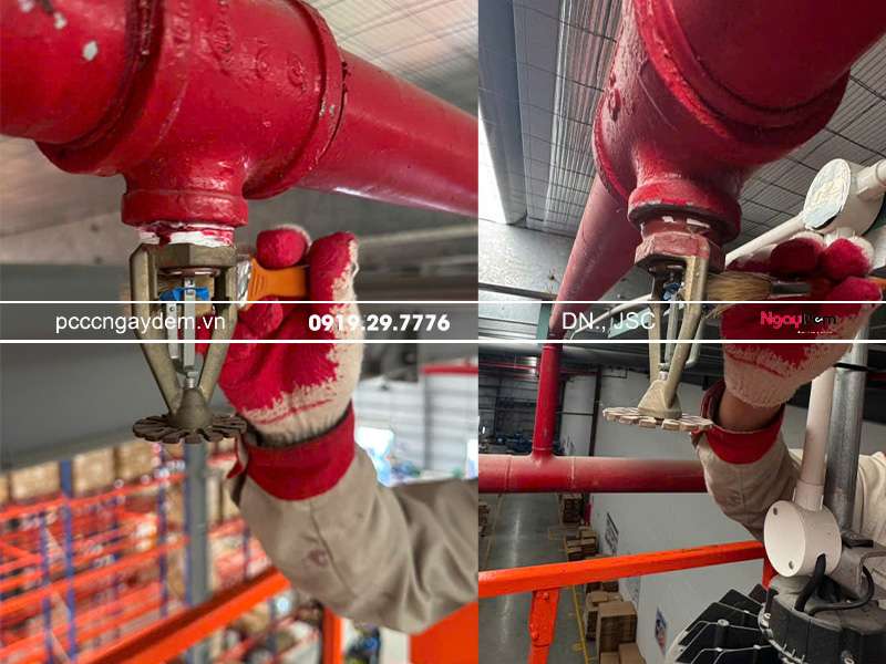 Sau khi vệ sinh các đầu phun rỉ sét được làm sạch, hiệu quả chữa cháy cao bảo trì hệ thống PCCC kho hàng Naigai Nitto Logistics