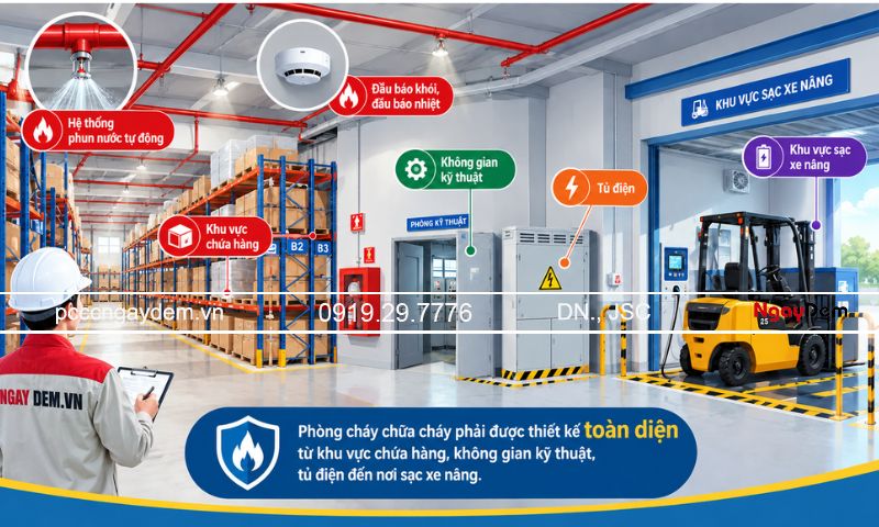 Giải pháp thiết kế PCCC kho hàng chuẩn quy định hiện hành Không có nguồn nhiệt/máy móc phát sinh (khác với kho xưởng)