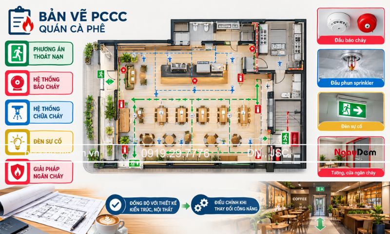 Thiết kế PCCC quán cafe, quán trà sữa: Giải pháp an toàn, đạt chuẩn Phương án PCCC quán cafe cần thể hiện những gì trên bản vẽ?