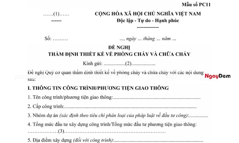 Mẫu PC11 về đề nghị thẩm định thiết kế PCCC