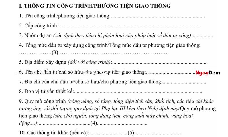 Đối với thông tin về công trình/phương tiện giao thông