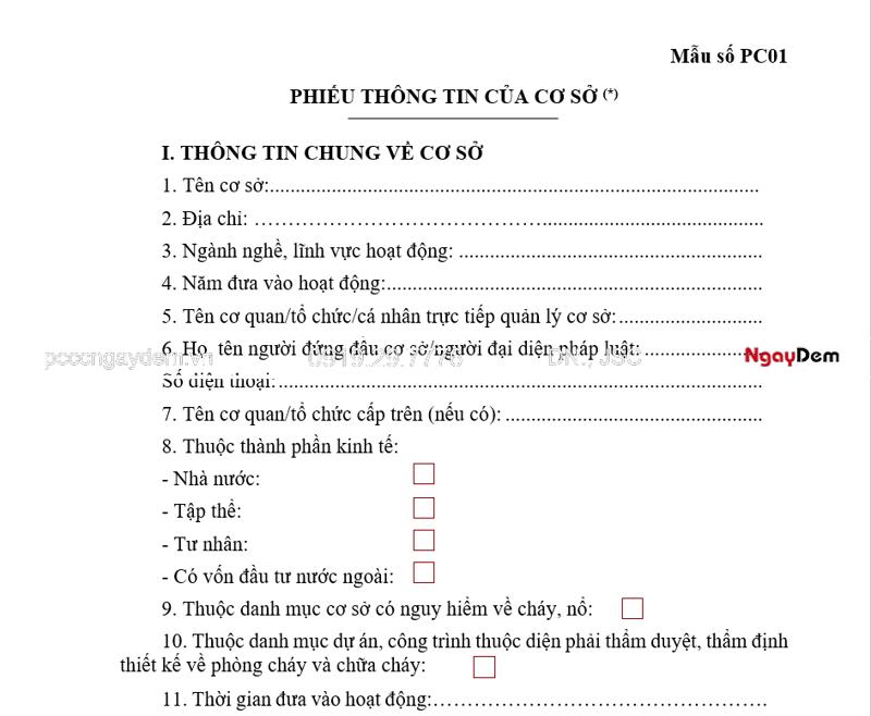 Mẫu phiếu thông tin của cơ sở